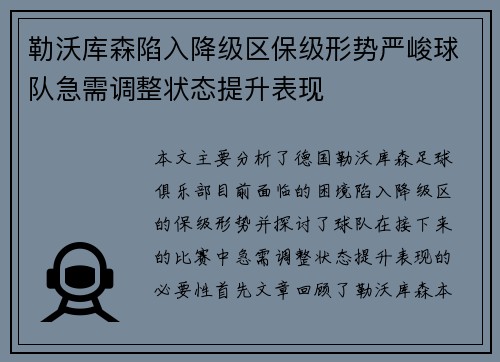 勒沃库森陷入降级区保级形势严峻球队急需调整状态提升表现