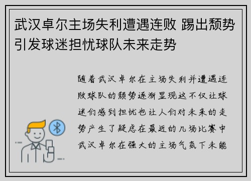 武汉卓尔主场失利遭遇连败 踢出颓势引发球迷担忧球队未来走势