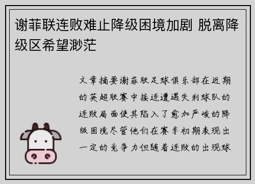 谢菲联连败难止降级困境加剧 脱离降级区希望渺茫