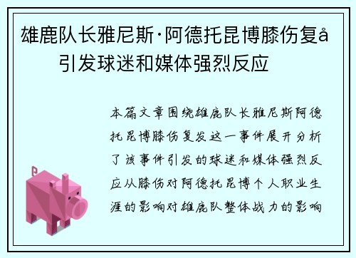雄鹿队长雅尼斯·阿德托昆博膝伤复发引发球迷和媒体强烈反应