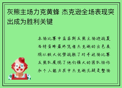灰熊主场力克黄蜂 杰克逊全场表现突出成为胜利关键