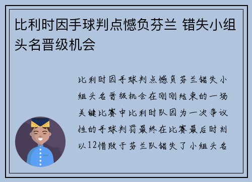 比利时因手球判点憾负芬兰 错失小组头名晋级机会