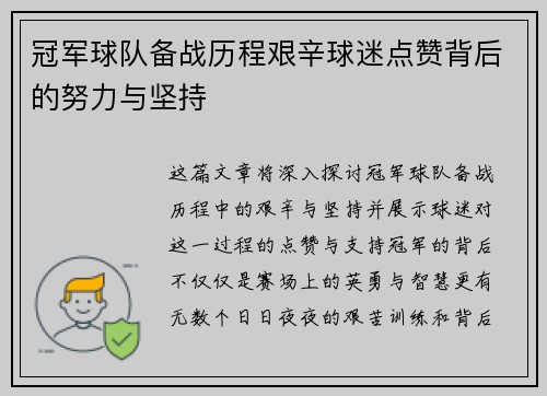 冠军球队备战历程艰辛球迷点赞背后的努力与坚持