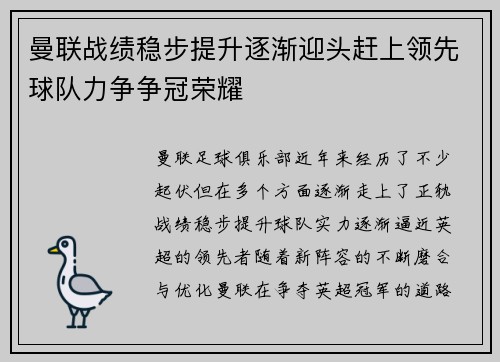 曼联战绩稳步提升逐渐迎头赶上领先球队力争争冠荣耀
