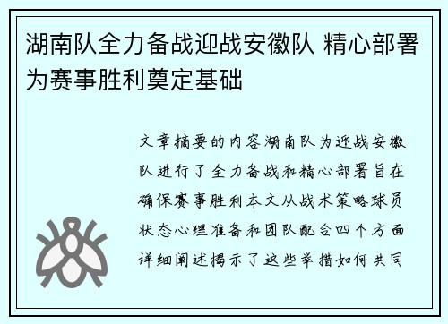 湖南队全力备战迎战安徽队 精心部署为赛事胜利奠定基础
