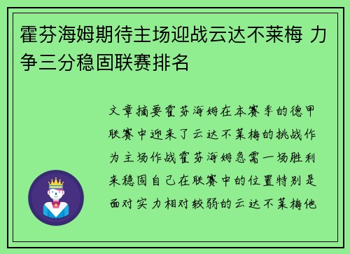 霍芬海姆期待主场迎战云达不莱梅 力争三分稳固联赛排名