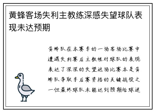 黄蜂客场失利主教练深感失望球队表现未达预期
