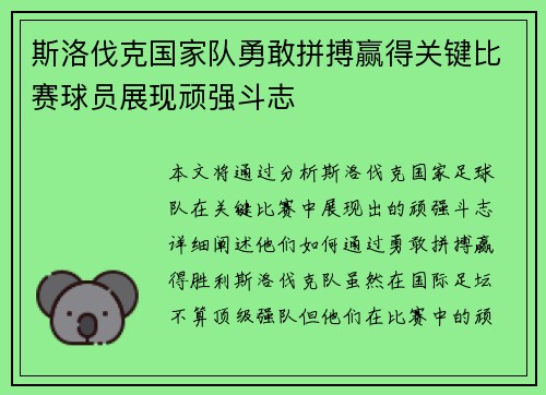 斯洛伐克国家队勇敢拼搏赢得关键比赛球员展现顽强斗志