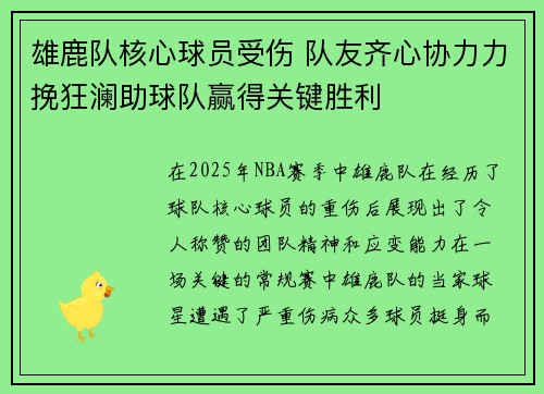 雄鹿队核心球员受伤 队友齐心协力力挽狂澜助球队赢得关键胜利
